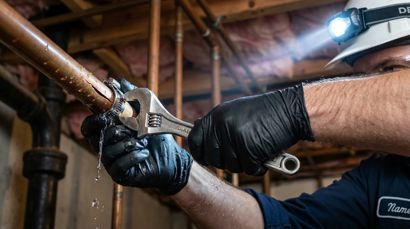 Emergency pipe clamp repair being performed by a Johns Plumbing LLC plumber in Springerville