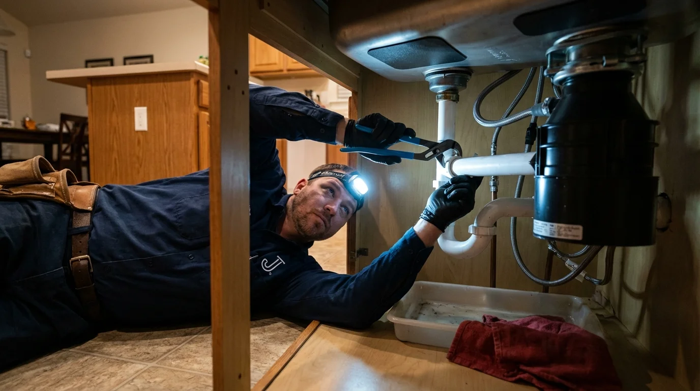 P-trap and supply line connections under a kitchen sink showing a common leak point in Springerville, AZ